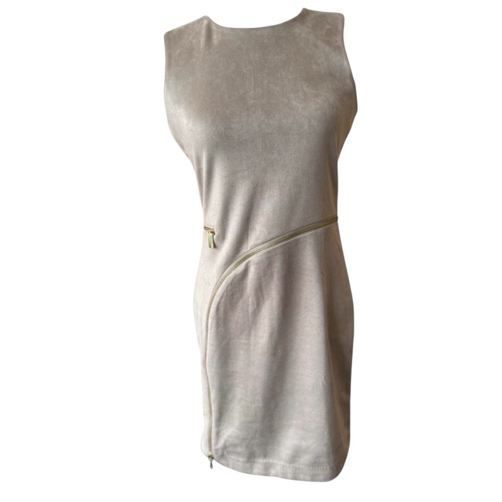 DKNY Faux Suede Gold Zip Accent Sheath Dress Size 2 NWTS Sleeveless Scoop Neck